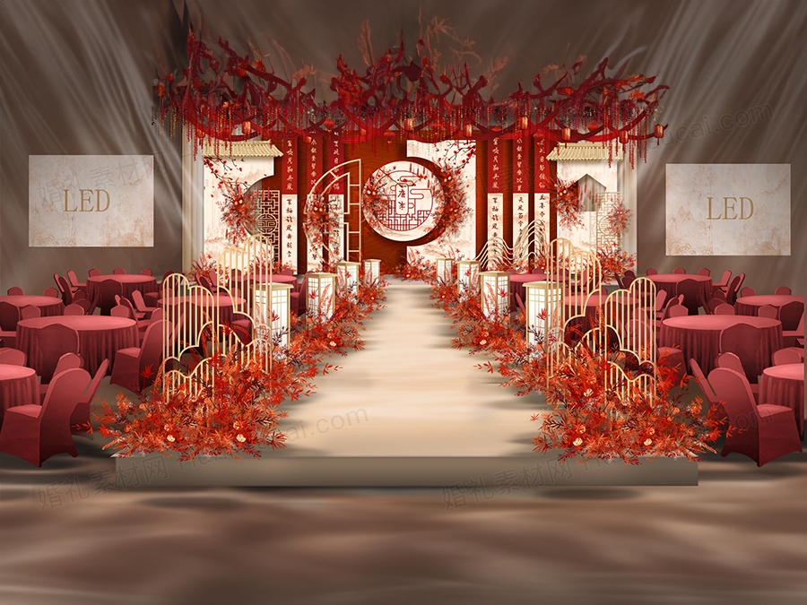 红色香槟色喜庆中国风新中式婚礼设计婚庆效果图背景布置素材 - 婚礼素材网
