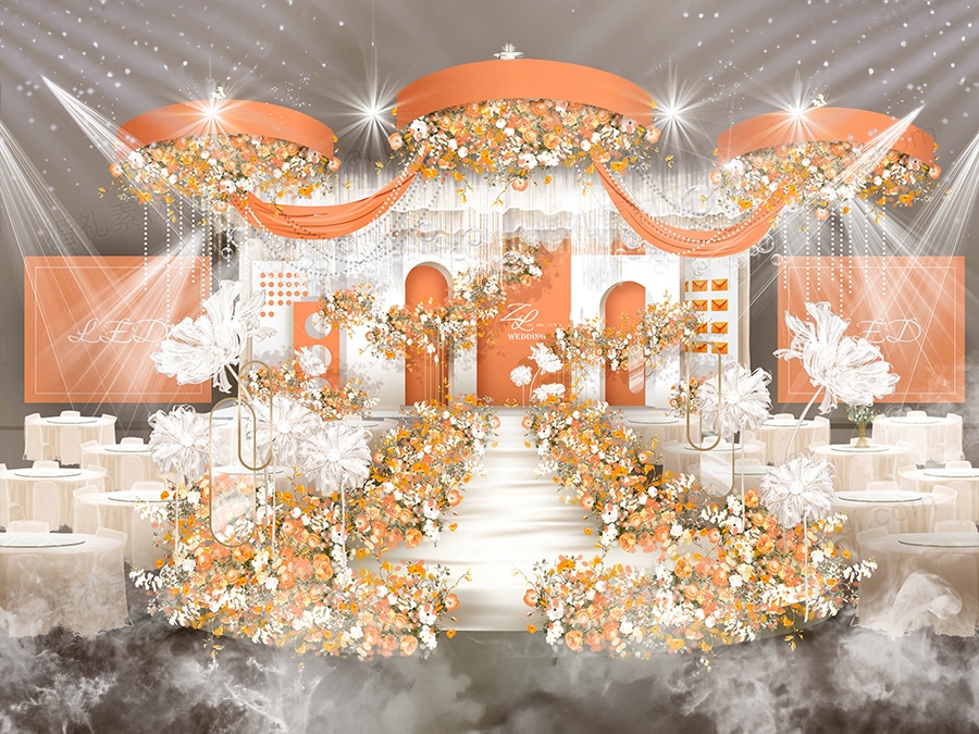 橘色白色撞色INS简约泰式婚礼设计婚庆效果图背景方案素材 - 婚礼素材网