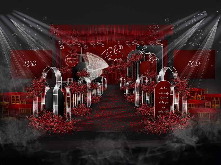 红色黑色撞色风西式创意个性婚礼设计婚庆效果图背景喷绘素材 - 婚礼素材网