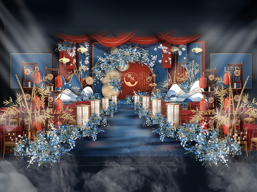 新中式红蓝色婚礼效果图设计PS素材元素舞台合影区制作喷绘背景 - 婚礼素材网