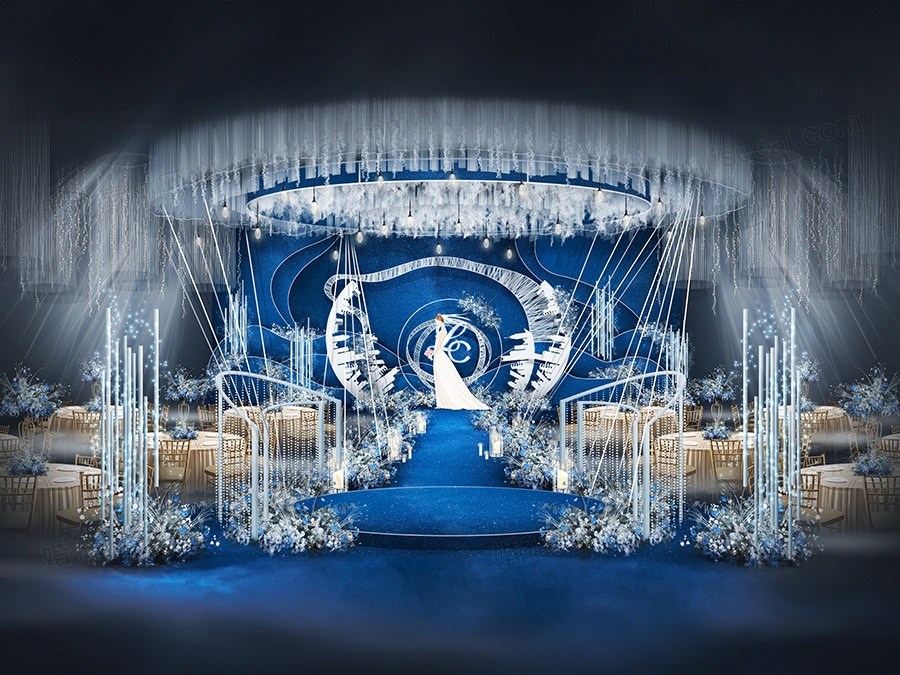 星空蓝色婚礼效果图PSD设计背景墙素材时尚大厅展示区喷绘文件 - 婚礼素材网