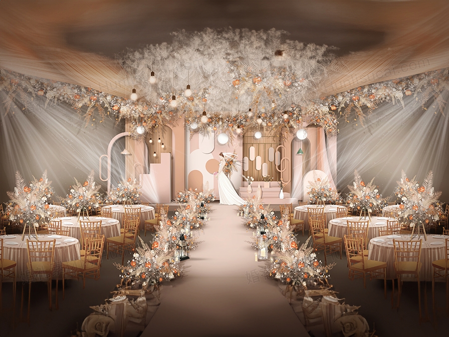 莫兰迪香槟色婚礼设计效果图小红书背景设计舞台区PSD源文件素材 - 婚礼素材网