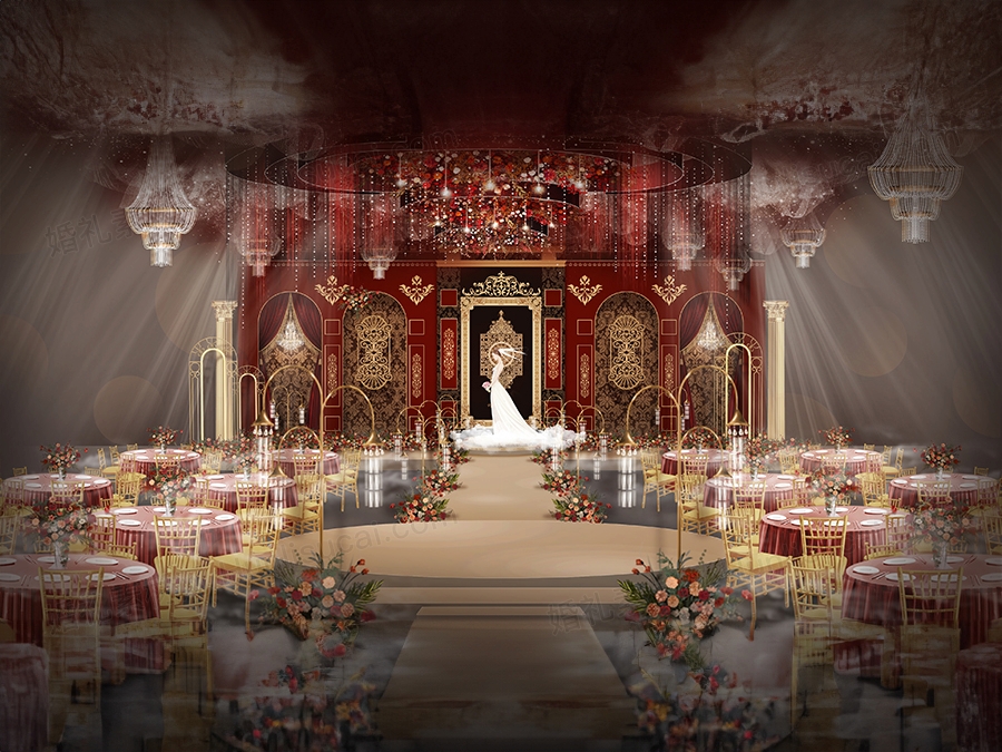 红色欧式高端婚礼设计效果图罗马柱元素PSD源文件素材舞台区背景 - 婚礼素材网
