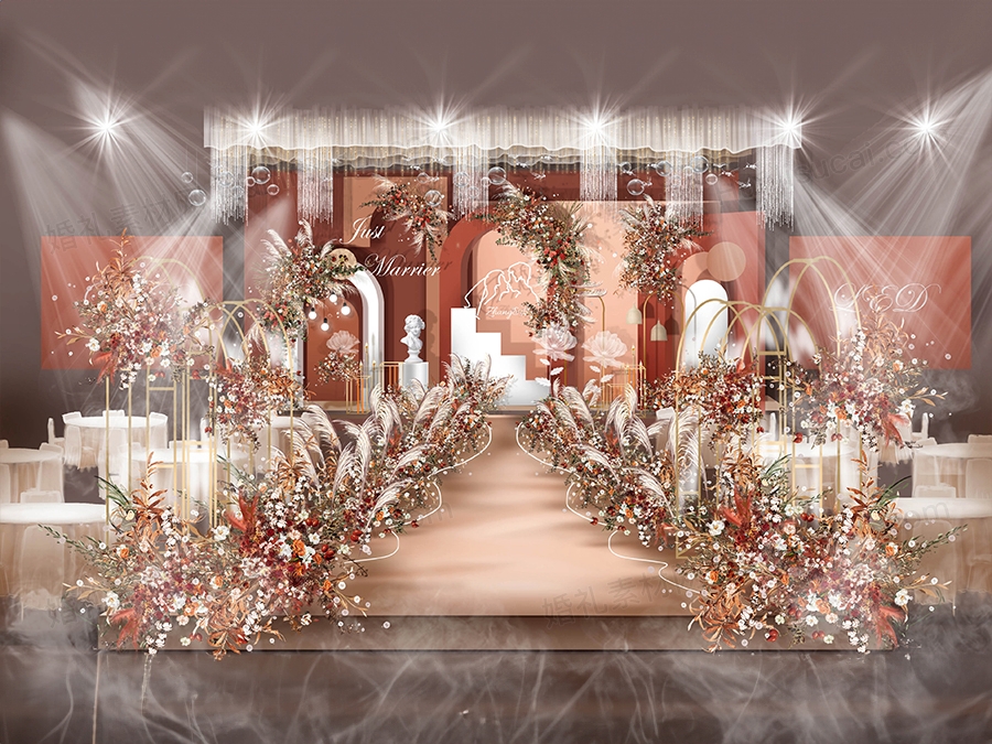 莫兰迪色婚礼设计效果图PSD泰式婚礼舞台留影区背景设计喷绘素材 - 婚礼素材网
