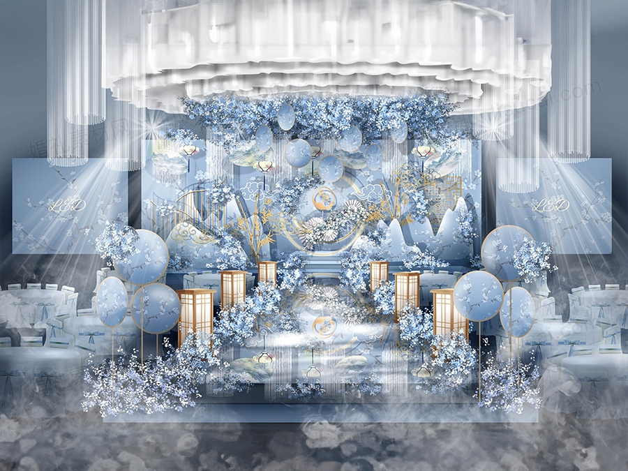 新中式浅蓝色婚礼设计效果图PSD婚礼舞台留影区背景元素喷绘素材 - 婚礼素材网