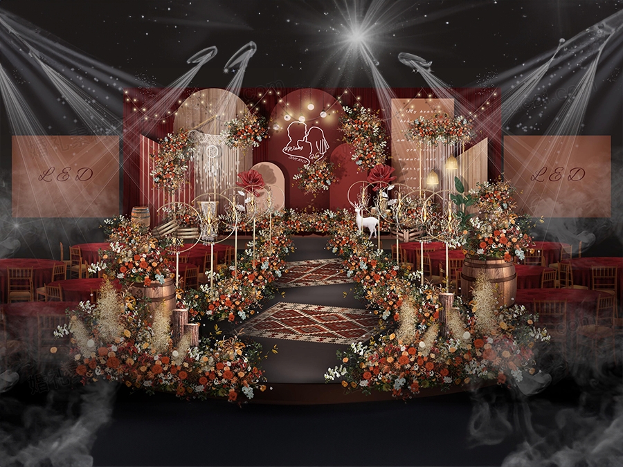 深红色泰式婚礼设计效果图PSD莫兰迪小红书同款舞台展示区源文件 - 婚礼素材网