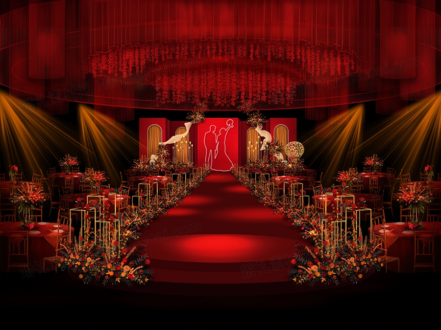 红色INS简约西式线条人物拱门背景婚礼设计舞台背景素材效果图 - 婚礼素材网
