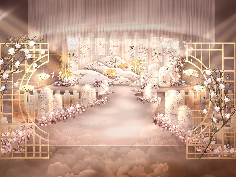 香槟色新中式喜庆中式花鸟工笔画背景婚礼设计方案素材效果图 - 婚礼素材网