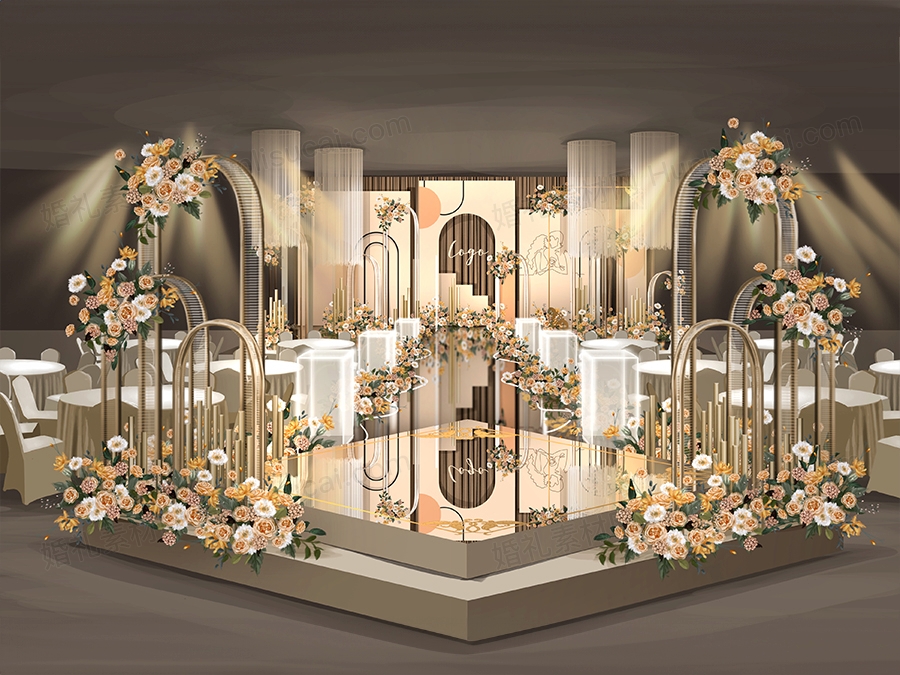 香槟色橘色泰式简约高端婚礼舞台效果图设计背景素材psd源文件 - 婚礼素材网