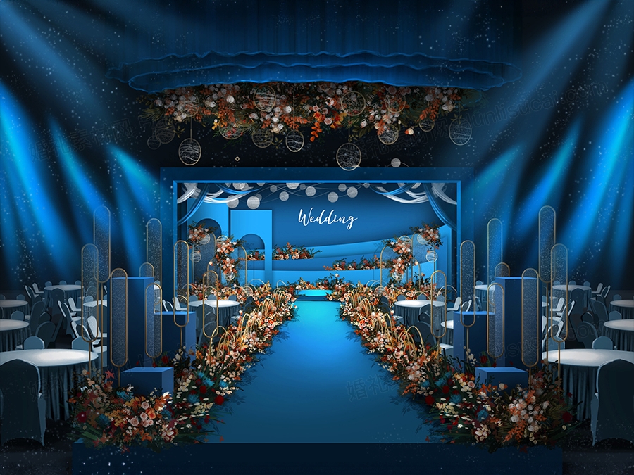 蓝色高端简约泰式婚礼设计婚庆舞台效果图背景方案喷绘素材psd - 婚礼素材网
