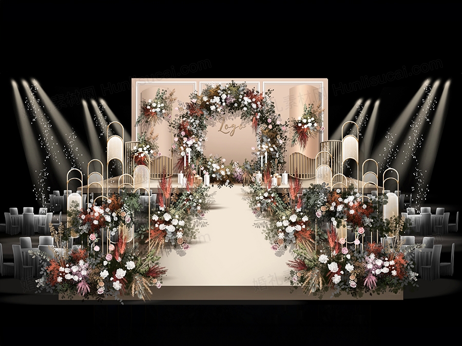 香槟色橘色秋色泰式手绘花艺婚礼设计舞台效果图背景素材psd - 婚礼素材网