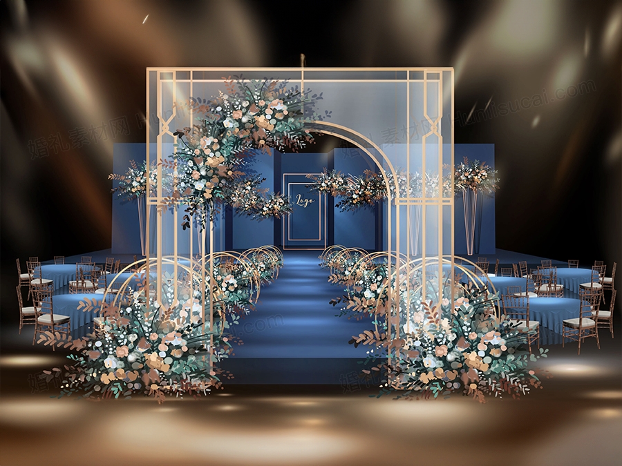 蓝色泰式简约高端婚礼设计婚庆舞台合影区效果图背景方案素材 - 婚礼素材网