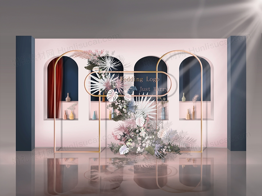 莫兰迪粉色蓝色撞色花艺花瓶手绘婚礼展示区效果图背景素材婚礼 - 婚礼素材网