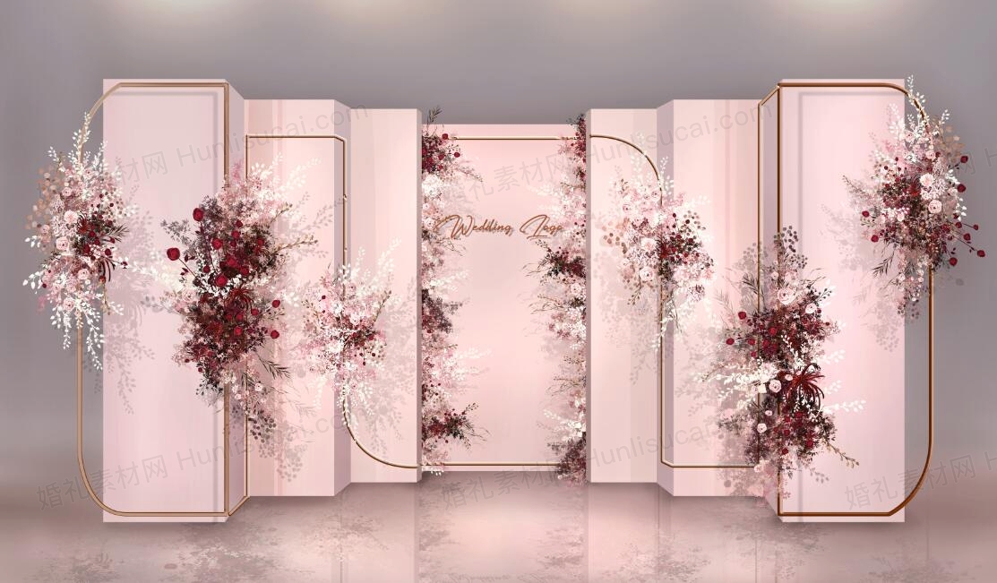 泰式浅粉色高端简约婚礼设计婚庆展示区迎宾区背景方案素材效果图 - 婚礼素材网