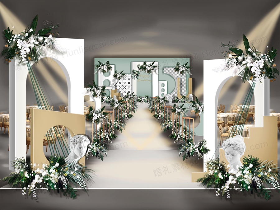 莫兰迪白绿色摩洛哥主题婚礼设计婚庆效果图舞台背景素材psd - 婚礼素材网