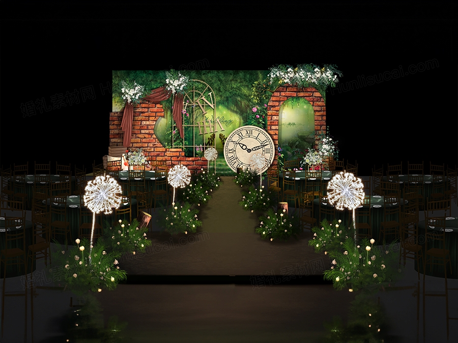 森系爱丽丝仙境绿野仙踪主题红色砖墙婚礼设计背景方案素材效果图 - 婚礼素材网