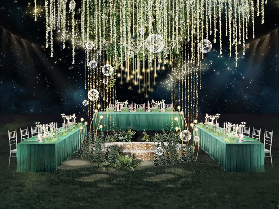 绿色系长条桌中心舞台婚礼手绘效果图布置设计方案素材psd - 婚礼素材网