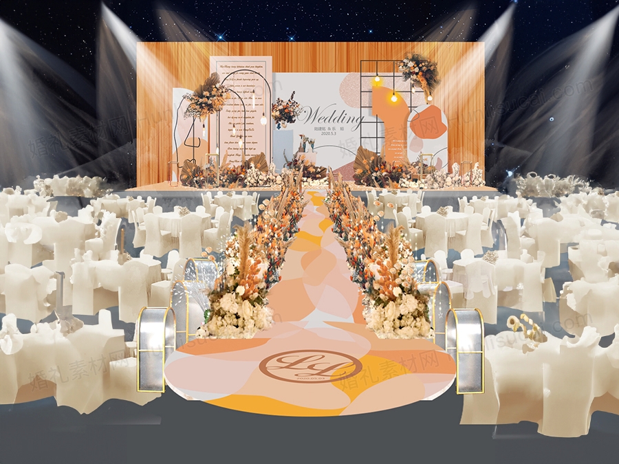 橙色泰式结婚礼庆典舞台迎宾签到区背景喷绘效果图设计PSD素材 - 婚礼素材网