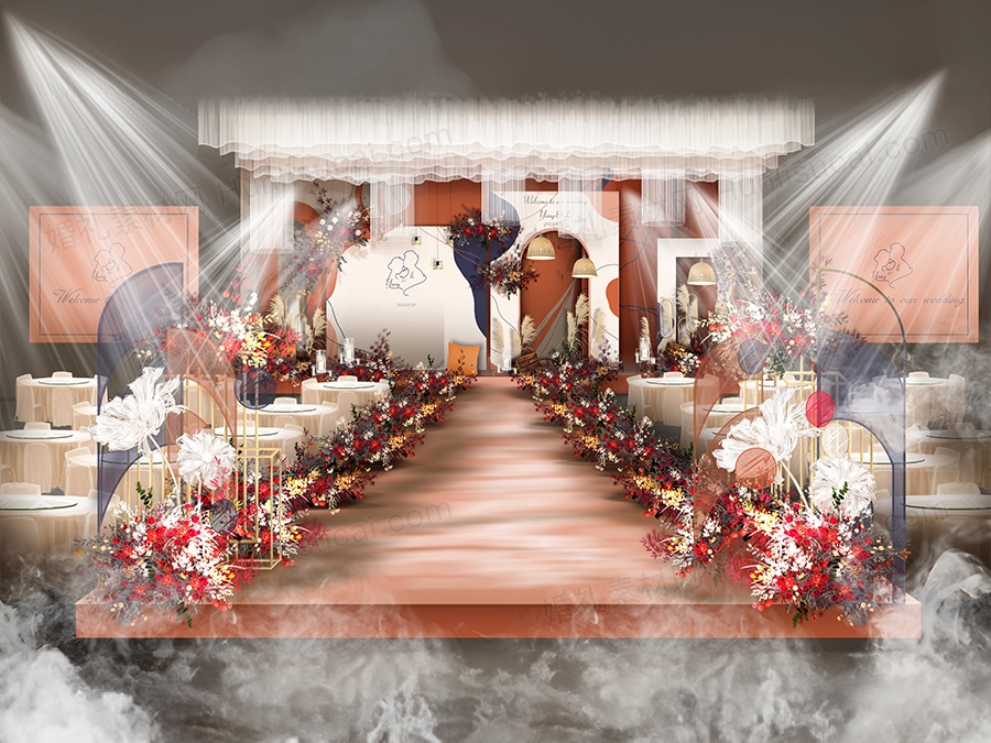 莫兰迪橘色橙色高端秋色欧式婚礼设计婚庆效果图背景方案素材 - 婚礼素材网