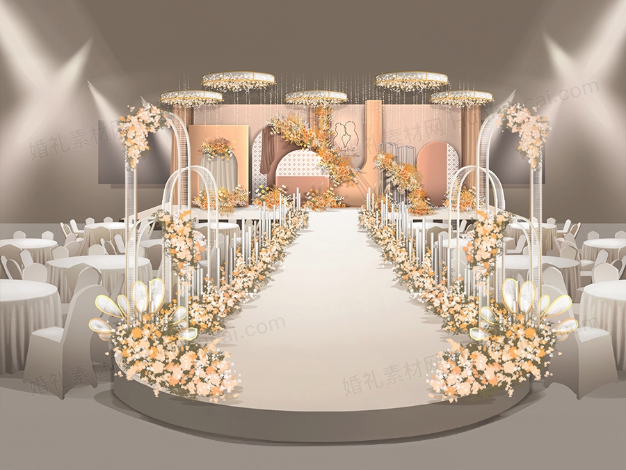 莫兰迪香槟色高端欧式泰式婚礼设计效果图背景KT板喷绘PSD素材 - 婚礼素材网