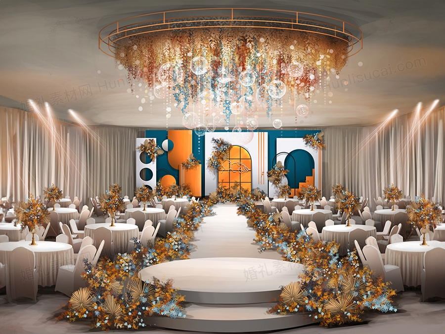 蓝色橘色撞色风高端泰式婚礼设计婚庆手绘效果图背景方案素材 - 婚礼素材网