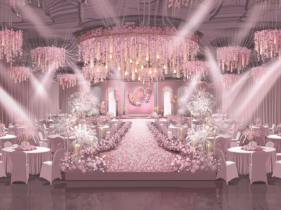 莫兰迪粉色婚礼设计婚庆舞台展示区签到区效果图背景喷绘素材 - 婚礼素材网
