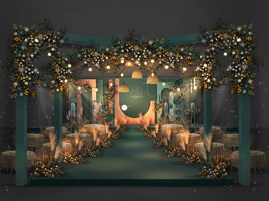 莫兰迪绿色橘色高端泰式婚礼设计婚庆效果图舞台布置背景素材 - 婚礼素材网