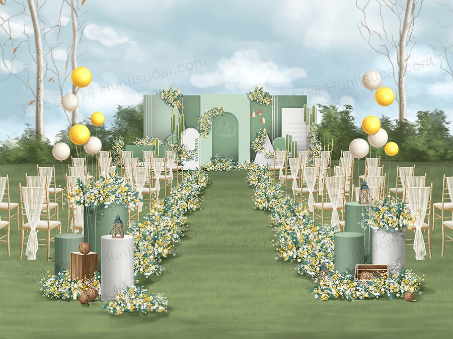 莫兰迪绿色高端简约户外草坪婚礼设计手绘效果图方案喷绘素材 - 婚礼素材网