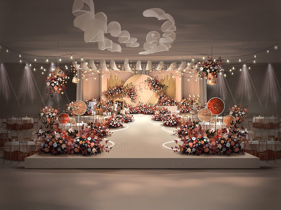 香槟色西式INS简约乡村风婚礼设计手绘效果图舞台背景方案素材 - 婚礼素材网