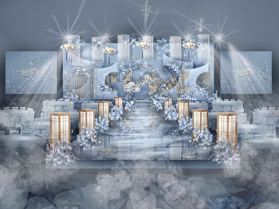 蓝色中国风中式传统高端婚礼设计婚庆效果图舞台签到背景素材 - 婚礼素材网