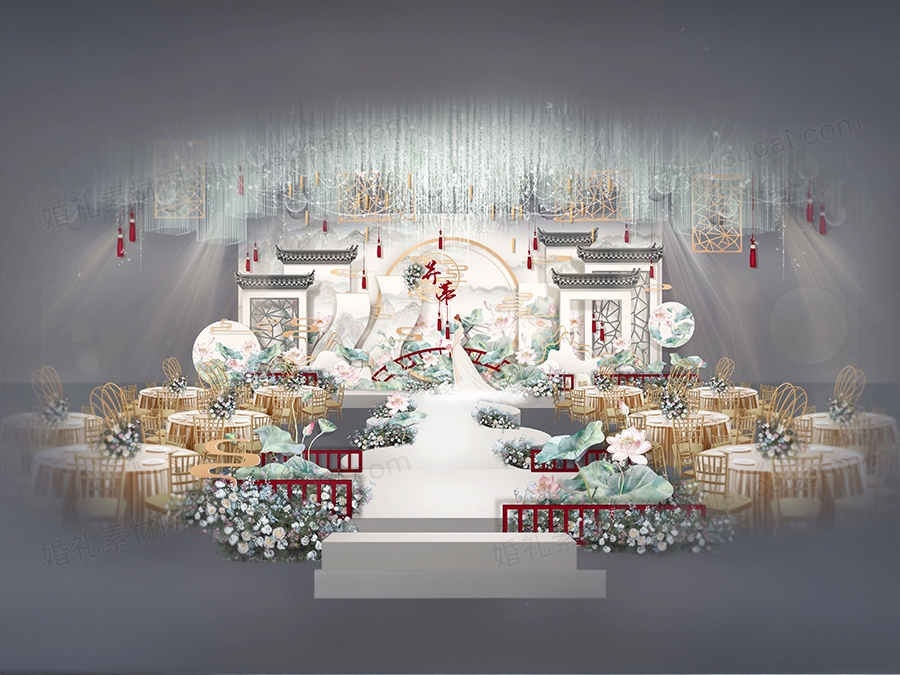 白色淡绿色荷花屋檐花鸟新中式中国风婚礼设计婚庆舞台背景素材 - 婚礼素材网
