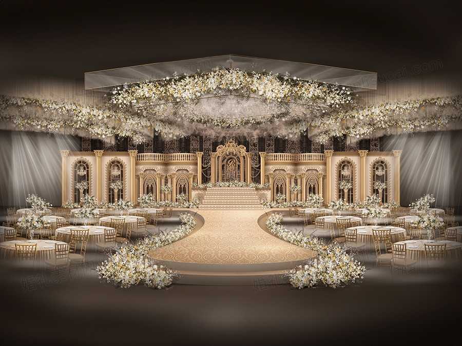 金色香槟色欧式宫廷高端西式城堡拱门婚礼设计婚庆背景方案素材 - 婚礼素材网