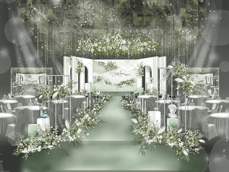 淡绿色白色INS简约风格泰式婚礼设计效果图舞台展示区背景素材 - 婚礼素材网