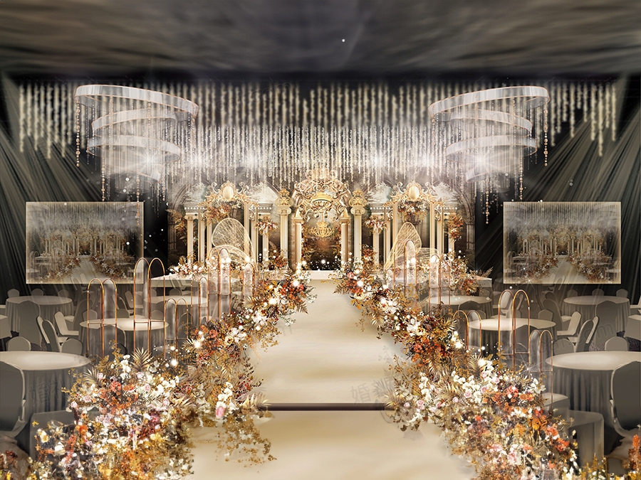 香槟色金色欧式奢华宫廷风油画背景罗马柱婚礼设计背景方案素材 - 婚礼素材网