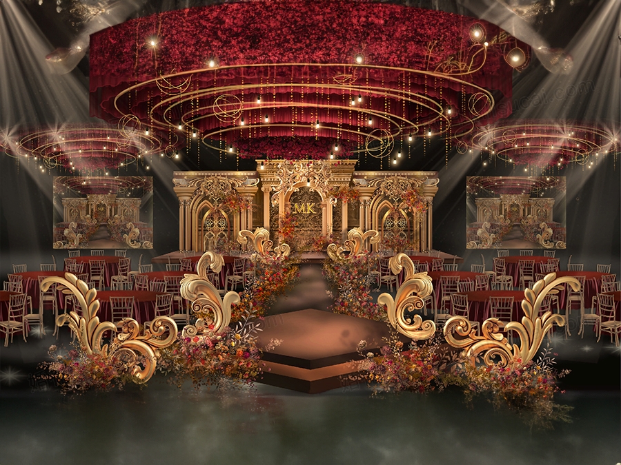 金色欧式拱门宫廷奢华风格婚礼设计婚庆效果图背景方案布置素材 - 婚礼素材网