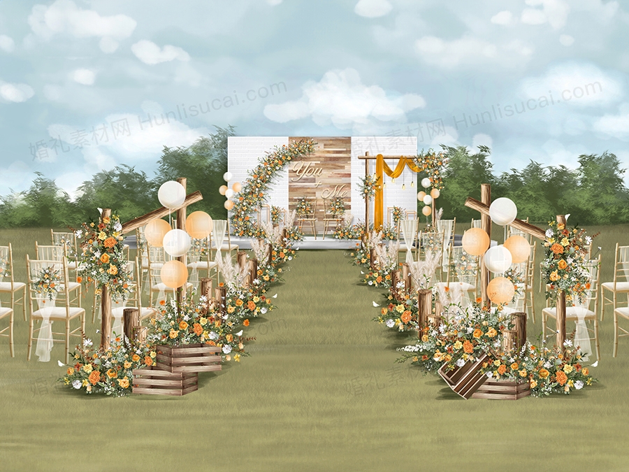 白色砖墙木块拼接背景泰式婚礼设计户外草坪效果图方案背景素材 - 婚礼素材网