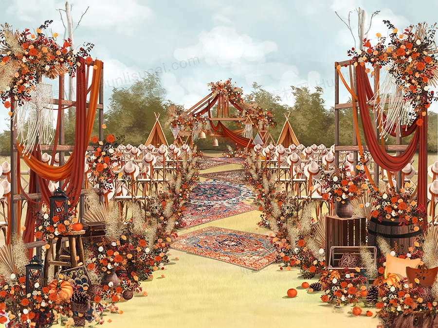 秋色波西米亚户外草坪高端泰式婚礼设计婚庆手绘效果图方案素材 - 婚礼素材网