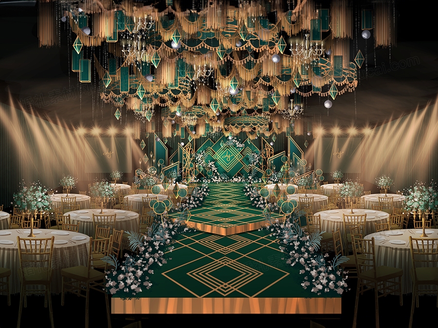 绿色金色欧式高端婚礼设计婚庆手绘效果图舞台展示区背景素材 - 婚礼素材网