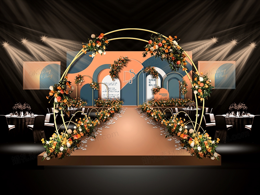 莫兰迪橘色蓝色高端泰式婚礼设计效果图背景喷绘KT板素材psd - 婚礼素材网