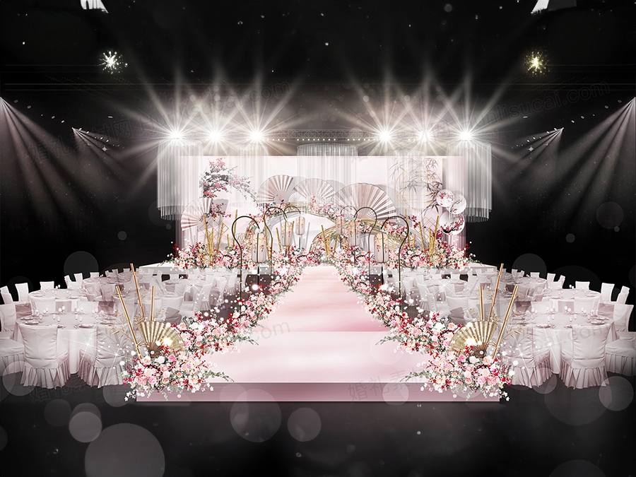粉色梅花水彩新中式婚礼设计婚庆效果图背景方案制作布置素材 - 婚礼素材网
