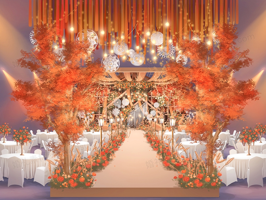 橘色秋色乡村风自然木质背景婚礼设计婚庆手绘效果图舞台素材 - 婚礼素材网