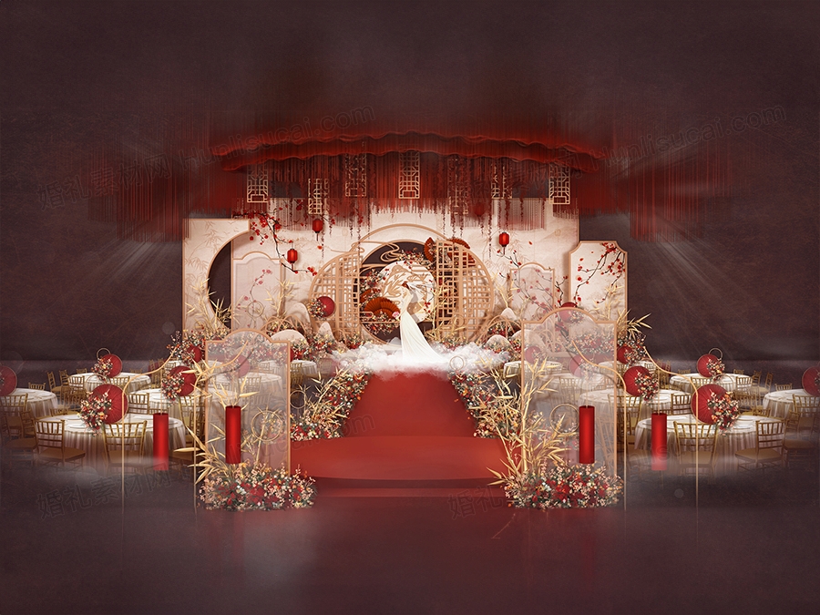 香槟色中式传统婚礼设计婚庆效果图舞台展示区背景喷绘KT板素材 - 婚礼素材网