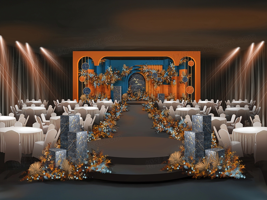 橘色蓝色撞色风高端泰式婚礼设计婚庆效果图舞台展示区背景素材 - 婚礼素材网