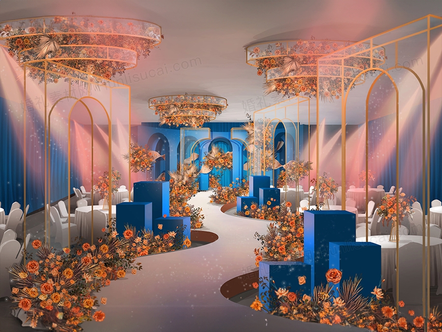蓝色欧式INS简约风格拱门婚礼设计婚庆效果图舞台背景喷绘素材 - 婚礼素材网