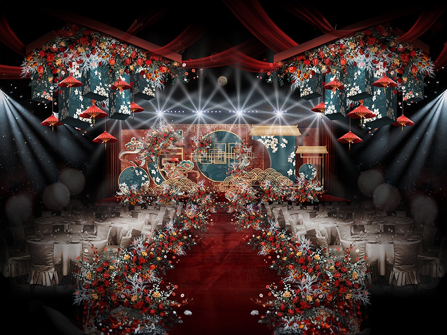 红色蓝色新中式高端婚礼设计婚庆舞台展示区签到区背景素材效果图 - 婚礼素材网