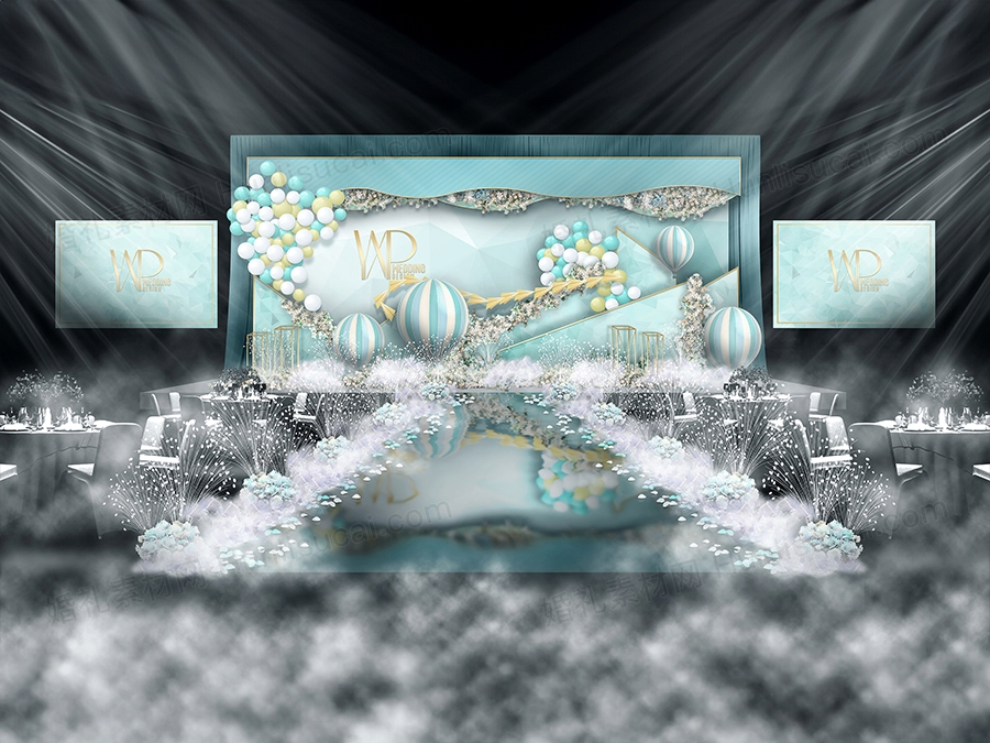 蒂芙尼蓝梦幻婚礼设计婚庆效果图舞台展示区签到背景喷绘素材 - 婚礼素材网