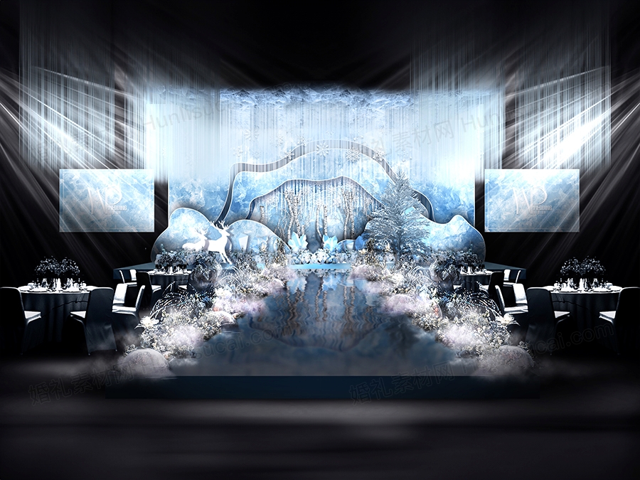 蓝色夏日冰雪主题婚礼设计婚庆舞台展示区签到区背景喷绘素材 - 婚礼素材网