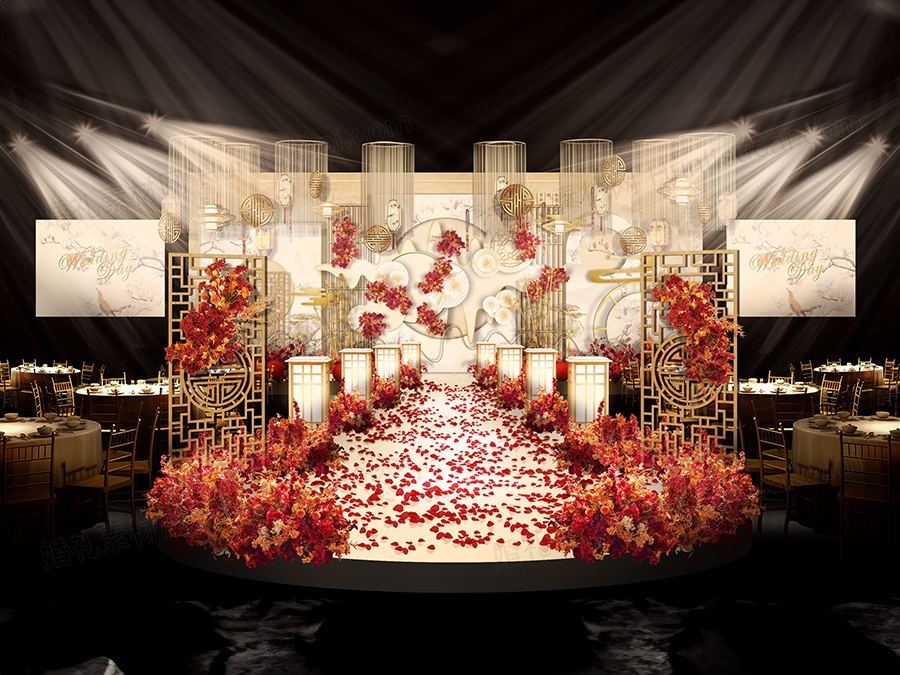 香槟色传统新中式婚礼设计婚庆效果图舞台展示区签到背景素材 - 婚礼素材网