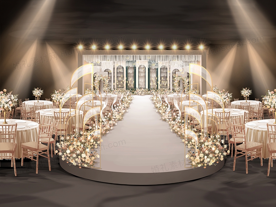 香槟色绿色西式拱门婚礼设计婚庆效果图舞台展示区背景喷绘素材 - 婚礼素材网