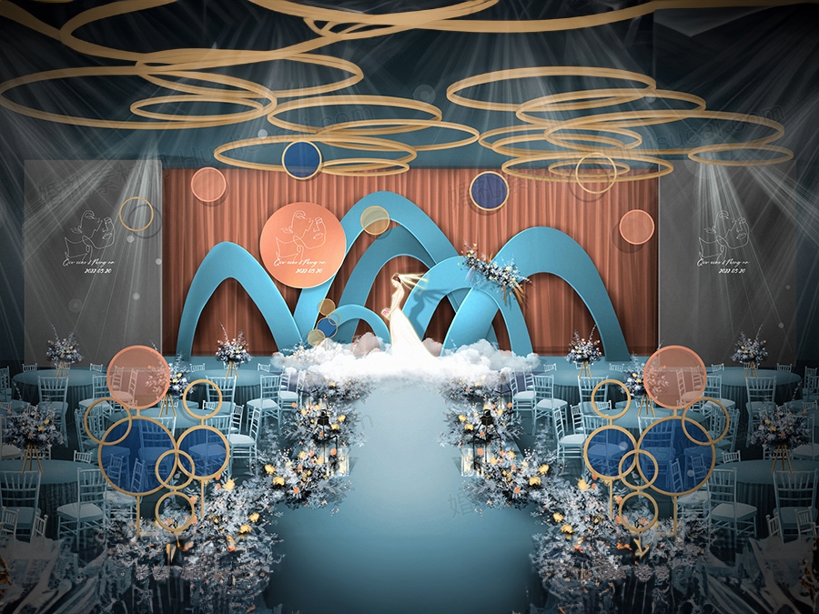 莫兰迪蓝色橘色高端泰式婚礼设计手绘效果图背景方案喷绘素材 - 婚礼素材网
